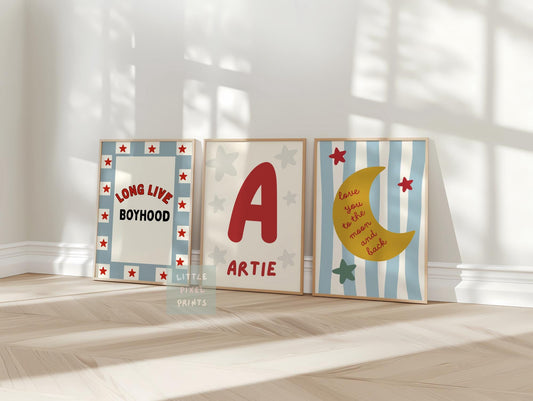 long live boyhood set of personalised 3 wall prints for childrens bedroom