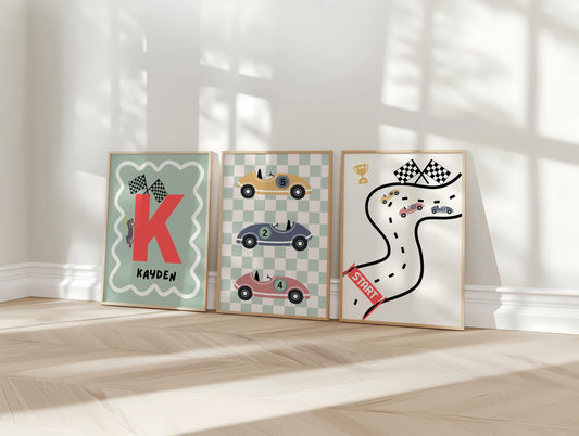 Set of 3 personalised racing car prints for boys bedroom or nursery