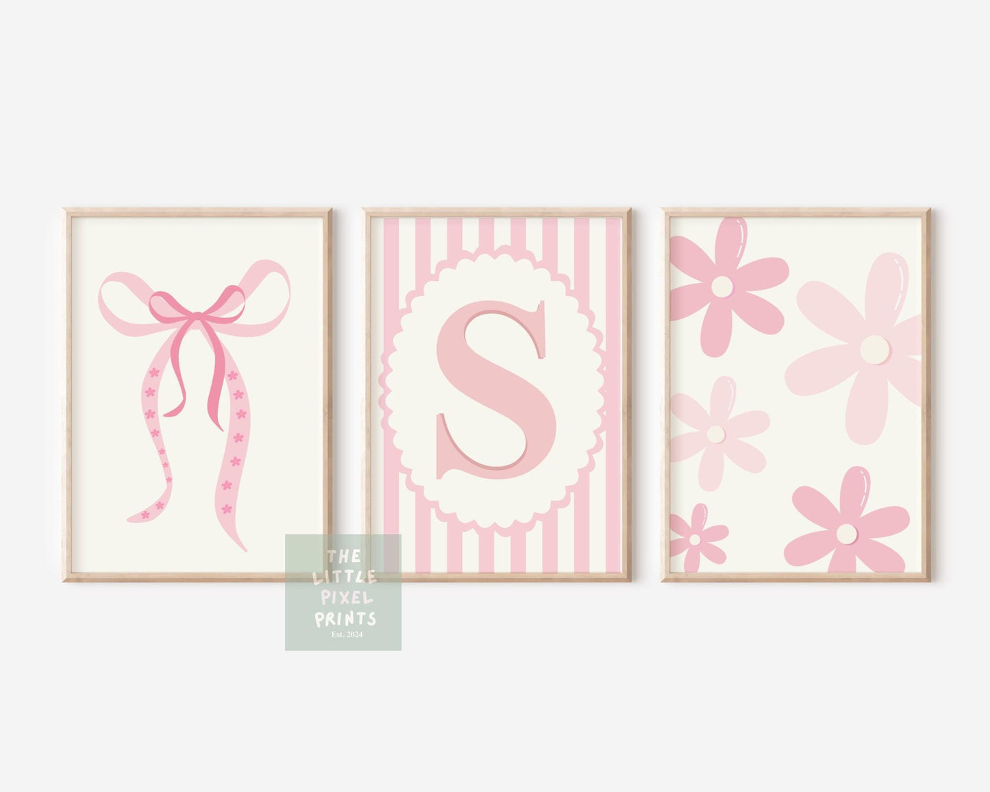 Bow & Floral Initial Print Set for girls nursery, bedroom or playroom