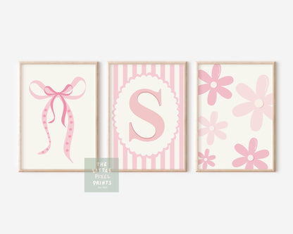 Bow & Floral Initial Print Set for girls nursery, bedroom or playroom