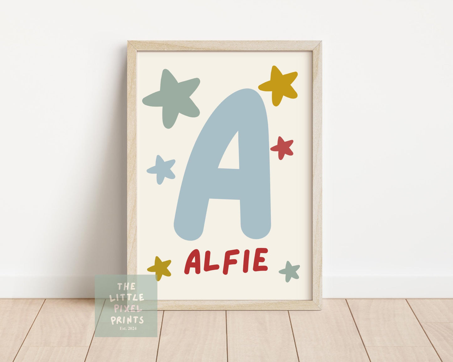 Personalised red Initial Wall Print with star background for bedroom or nursery