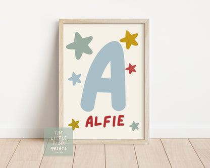 Personalised red Initial Wall Print with star background for bedroom or nursery