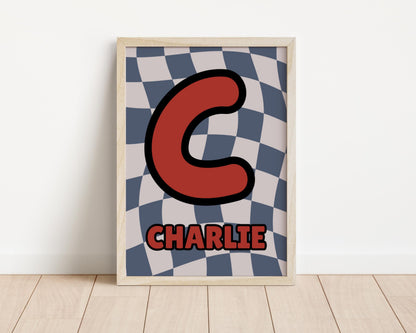 Personalised checkered Initial Wall Print for childrens bedroom or nursery
