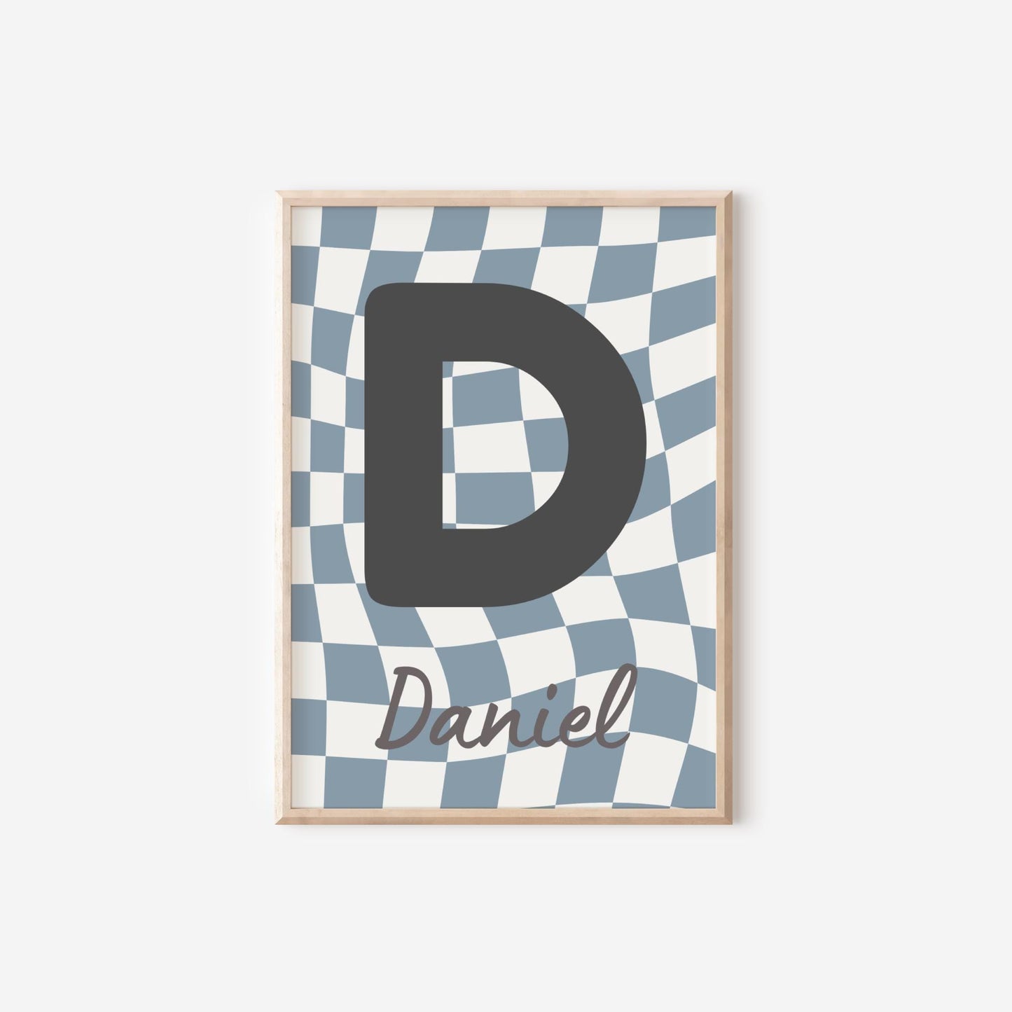 Personalised blue initial print with name, retro checkeredboys print for bedroom or nursery