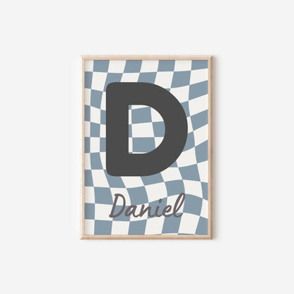 Personalised blue initial print with name, retro checkeredboys print for bedroom or nursery