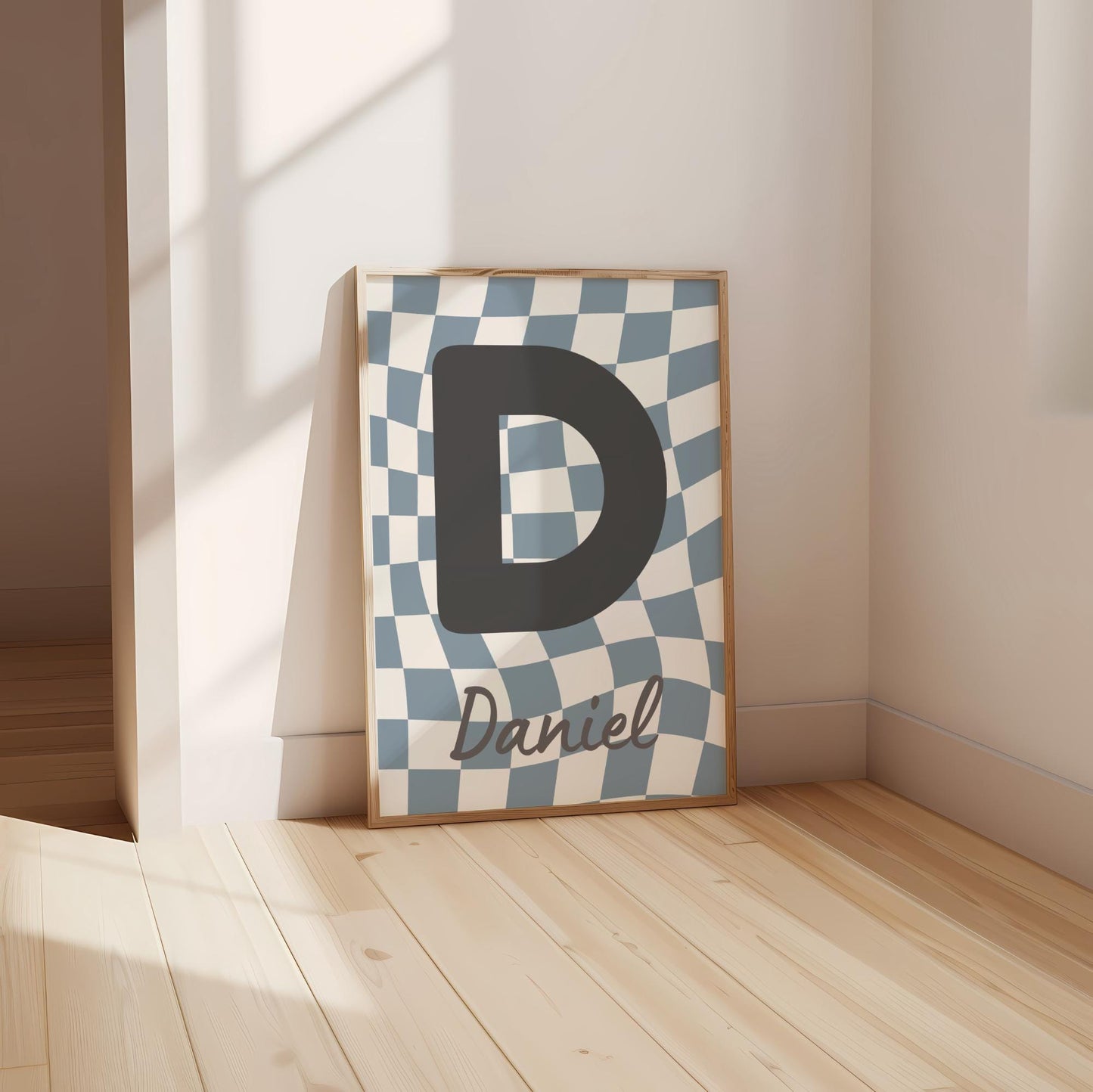 Personalised blue initial print with name, retro checkeredboys print for bedroom or nursery