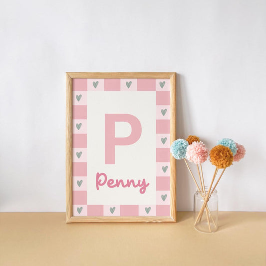 girls inital and name personalised heart wall print for bedroom, nursery or playroom
