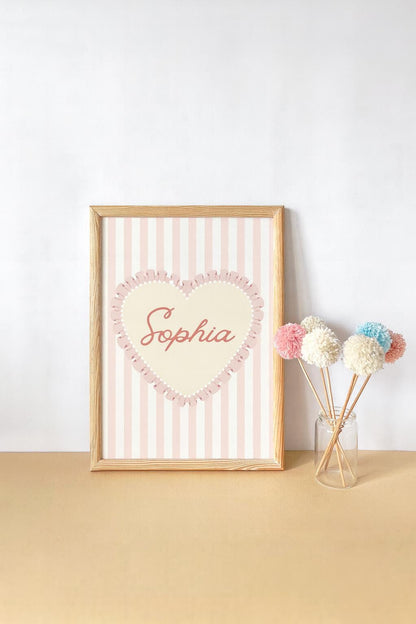 girls personalised vintage heart print for nursery,bedroom or playroom