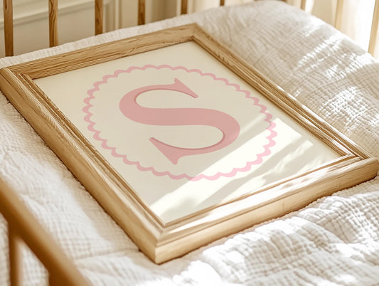 girls pink scallop border initial wall print for bedroom or nursery