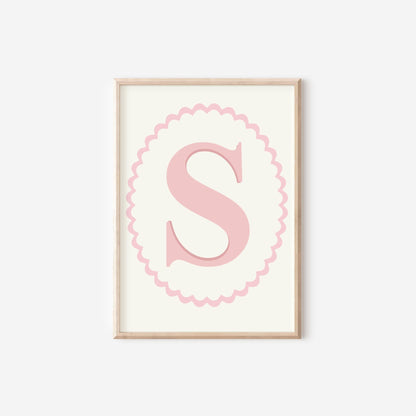 girls pink scallop border initial wall print for bedroom or nursery