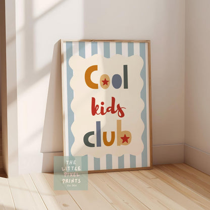 Cool kids club print with stripey background, scalloped kids retro bedroom playroom