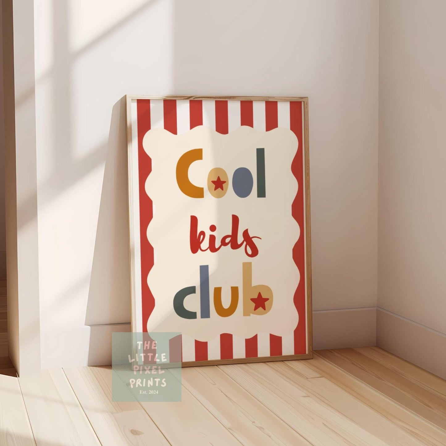 Cool kids club print with stripey background, scalloped kids retro bedroom playroom