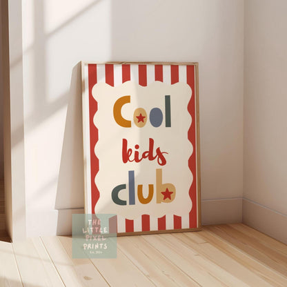 Cool kids club print with stripey background, scalloped kids retro bedroom playroom