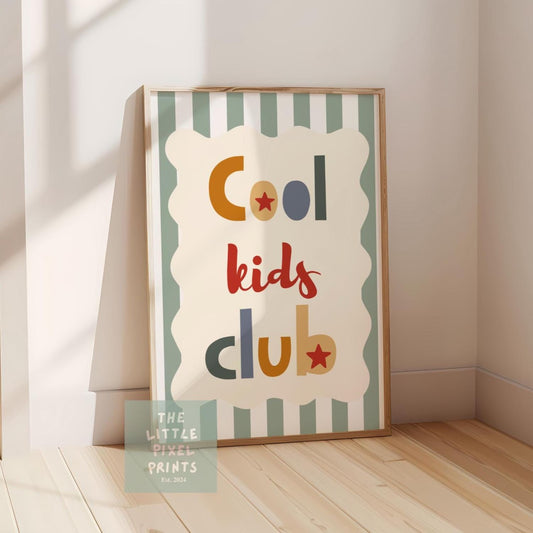 Cool kids club print with stripey background, scalloped kids retro bedroom playroom