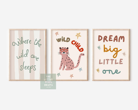 childrens scandi themed "wild child" wall print set for bedroom or nursery