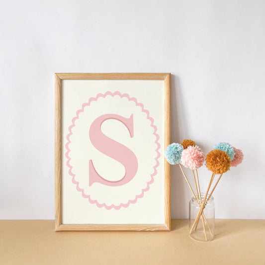 girls pink scallop border initial wall print for bedroom or nursery