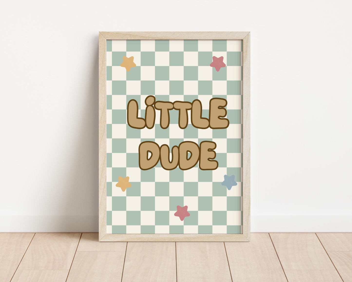 Little Dude Print: Sage Green Checkered Wall Art for Boys Nursery