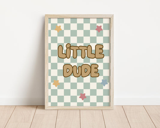 Little Dude Print: Sage Green Checkered Wall Art for Boys Nursery