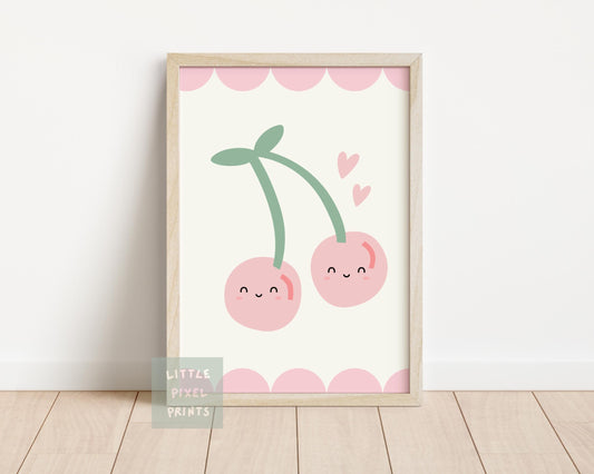 happy cherry girls pink wall print for childrens bedroom, nursery or playroom,