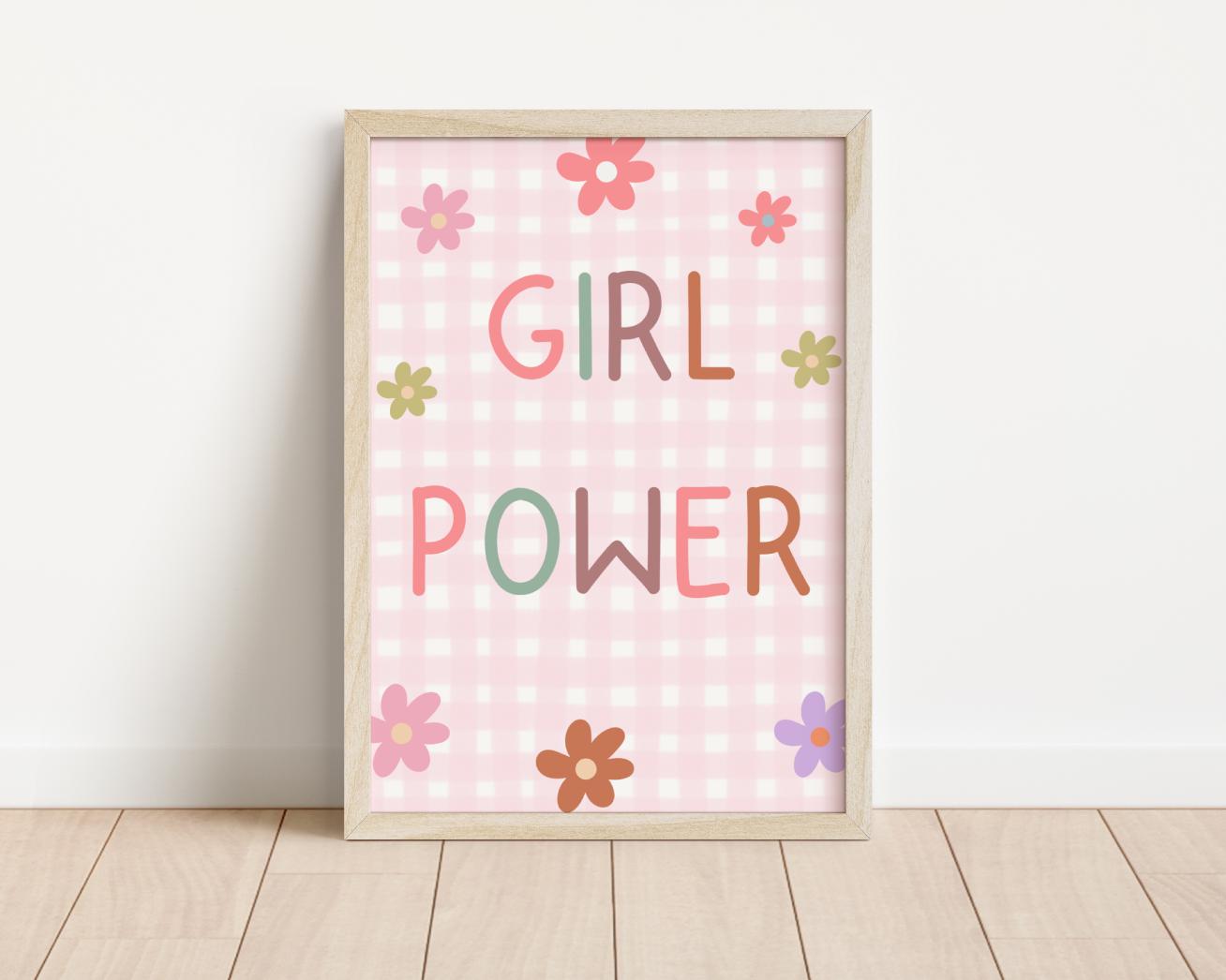 girl power room print pink gingham flowers, girls positive wall print for bedroom, playroom or nursery