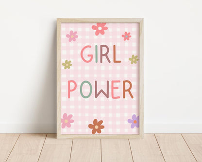 girl power room print pink gingham flowers, girls positive wall print for bedroom, playroom or nursery