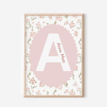 girls floral personalised name wall print for bedroom or nursery