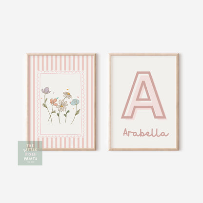 Personalised soft pink girls floral nursery, bedroom or playroom print (unframed)