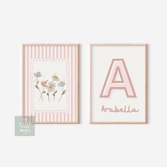 Personalised soft pink girls floral nursery, bedroom or playroom print (unframed)