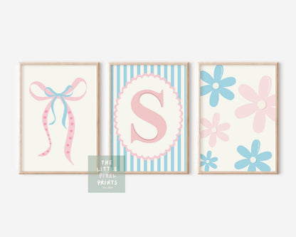 Bow & Floral Initial Print Set for girls nursery, bedroom or playroom