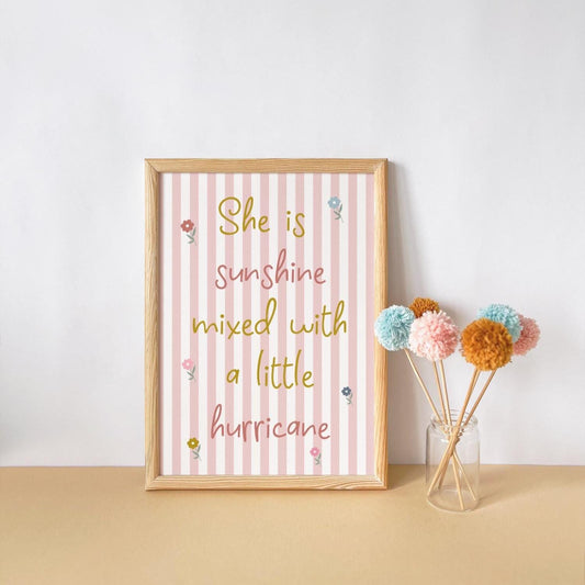 She is sunshine mixed with a little hurricane pink striped wall print for girls bedroom, nursery or playroom