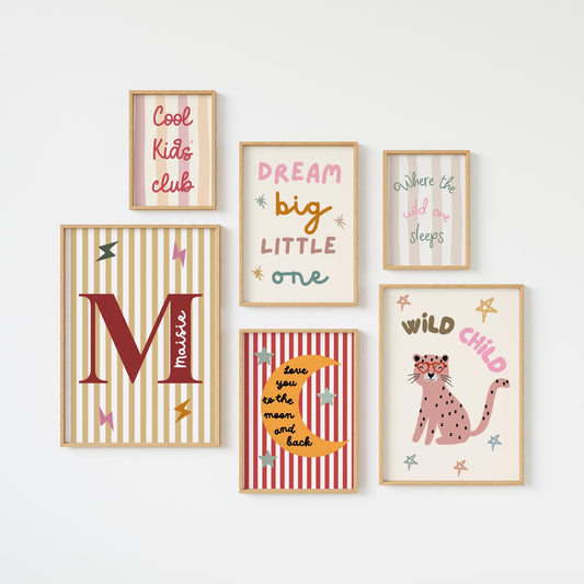 personalised scandi style childrens wall print set with pink for bedroom, nursery or playroom
