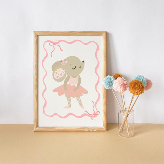 bunny ballerina print, dance wall art, girls nursery, childrens room, pink wall decor, baby girl wall print
