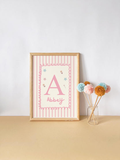 girls whimiscal personalised initial wall print for nursery, bedroom or playroom
