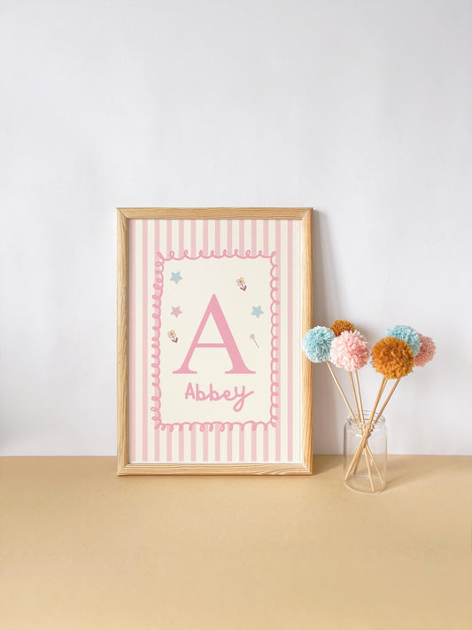 girls whimiscal personalised initial wall print for nursery, bedroom or playroom
