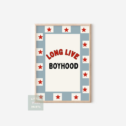 Long Live Boyhood blue and red star Print for boys bedroom or nursery