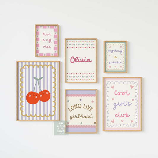 girls "long live girlshood "personalised bright positive affirmation wall print set gallery for bedroom or nursery