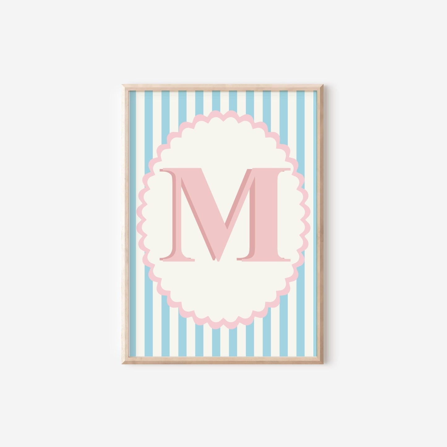 girls pink and blue scallop initial wall print for bedroom or nursery