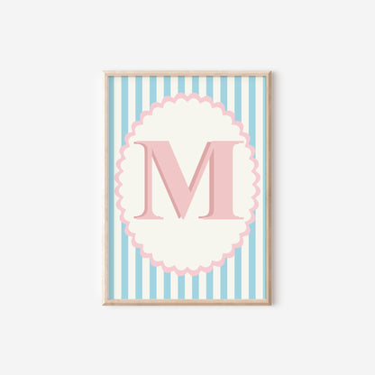 girls pink and blue scallop initial wall print for bedroom or nursery