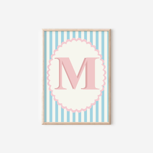 girls pink and blue scallop initial wall print for bedroom or nursery