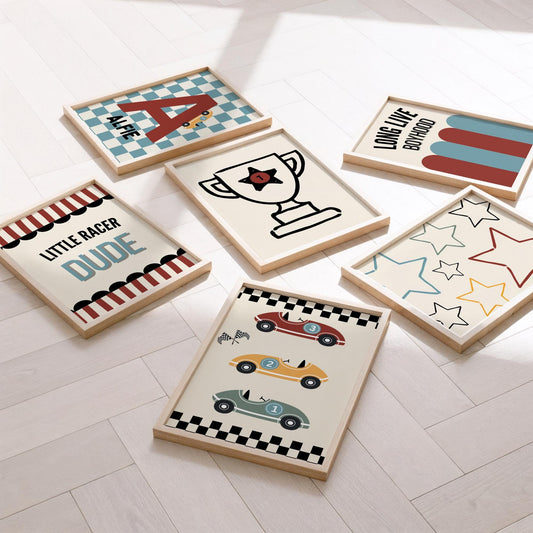 Set Of 6 boys Gallery Wall Race Car Prints, long live boyhood for bedroom or playroom