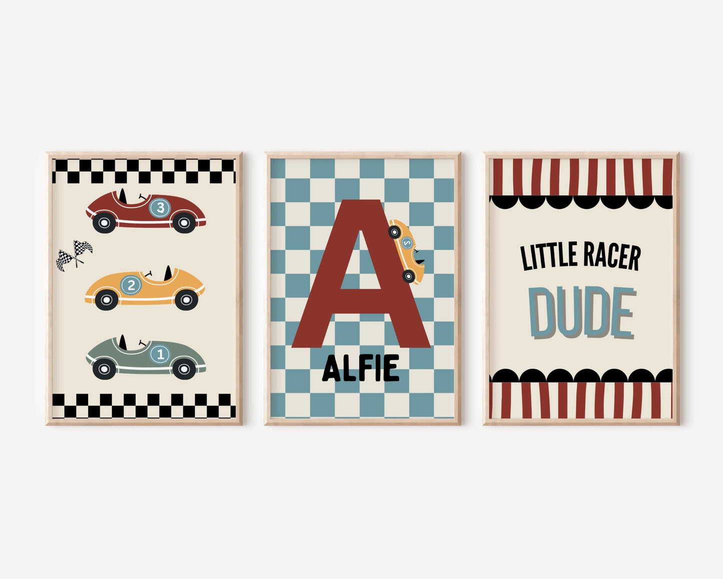 Set of 3 personalised little dude racer wall prints for bedroom, playroom or nursery