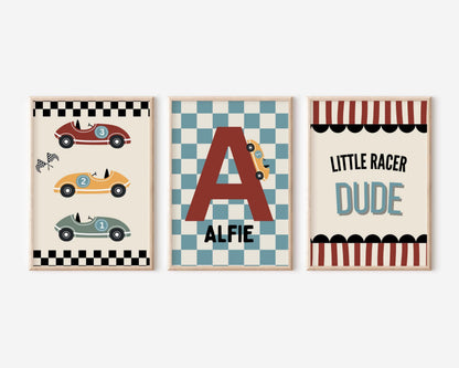 Set of 3 personalised little dude racer wall prints for bedroom, playroom or nursery