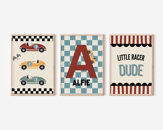 Set of 3 personalised little dude racer wall prints for bedroom, playroom or nursery