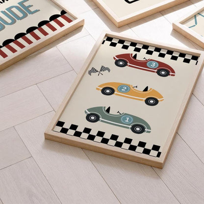 Set of 3 personalised little dude racer wall prints for bedroom, playroom or nursery