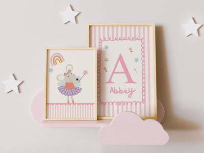 Set of 2 girls ballerina mouse and personalised name print for nursery, bedroom or playroom