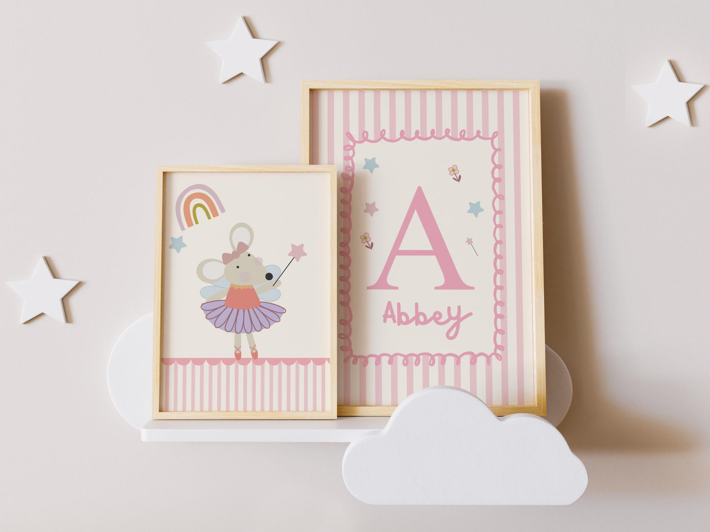 Set of 2 girls ballerina mouse and personalised name print for nursery, bedroom or playroom
