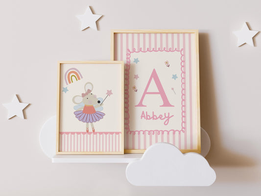 Set of 2 girls ballerina mouse and personalised name print for nursery, bedroom or playroom