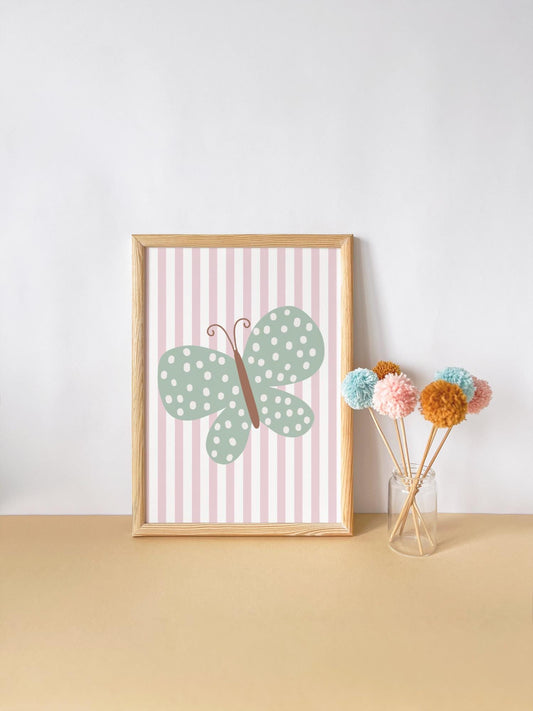 pretty green and pink butterfly wall print for girls nursery, bedroom or playroom
