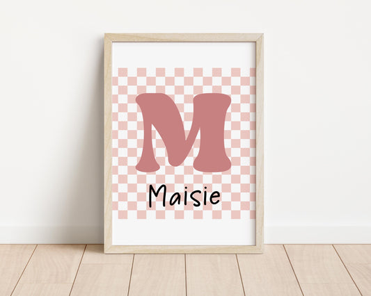 girls Personalised Pink retro checkered initial name Print for bedroom, nursery or playroom