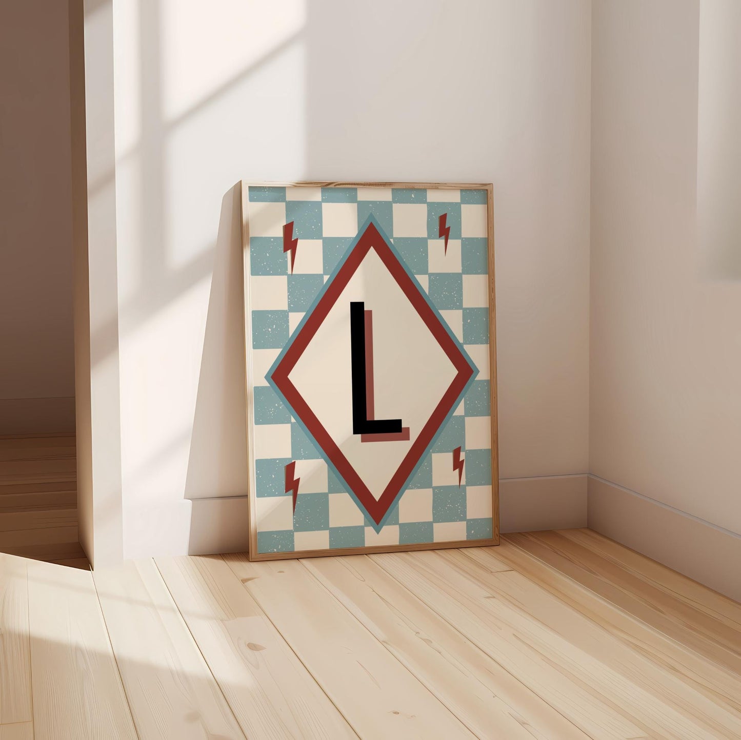 boys personalised initial wall print checkerboard retro style for childrens bedroom or nursery
